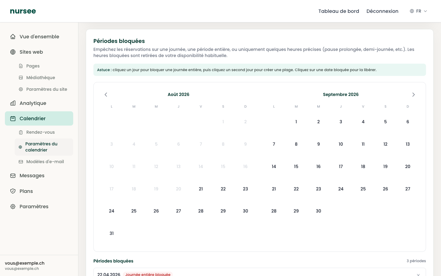 Le calendrier des périodes bloquées, avec la liste en dessous