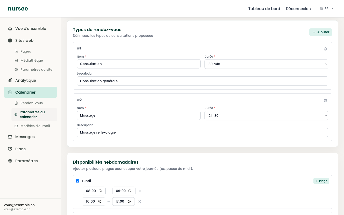 La section Types de rendez-vous : un encadré numéroté par type