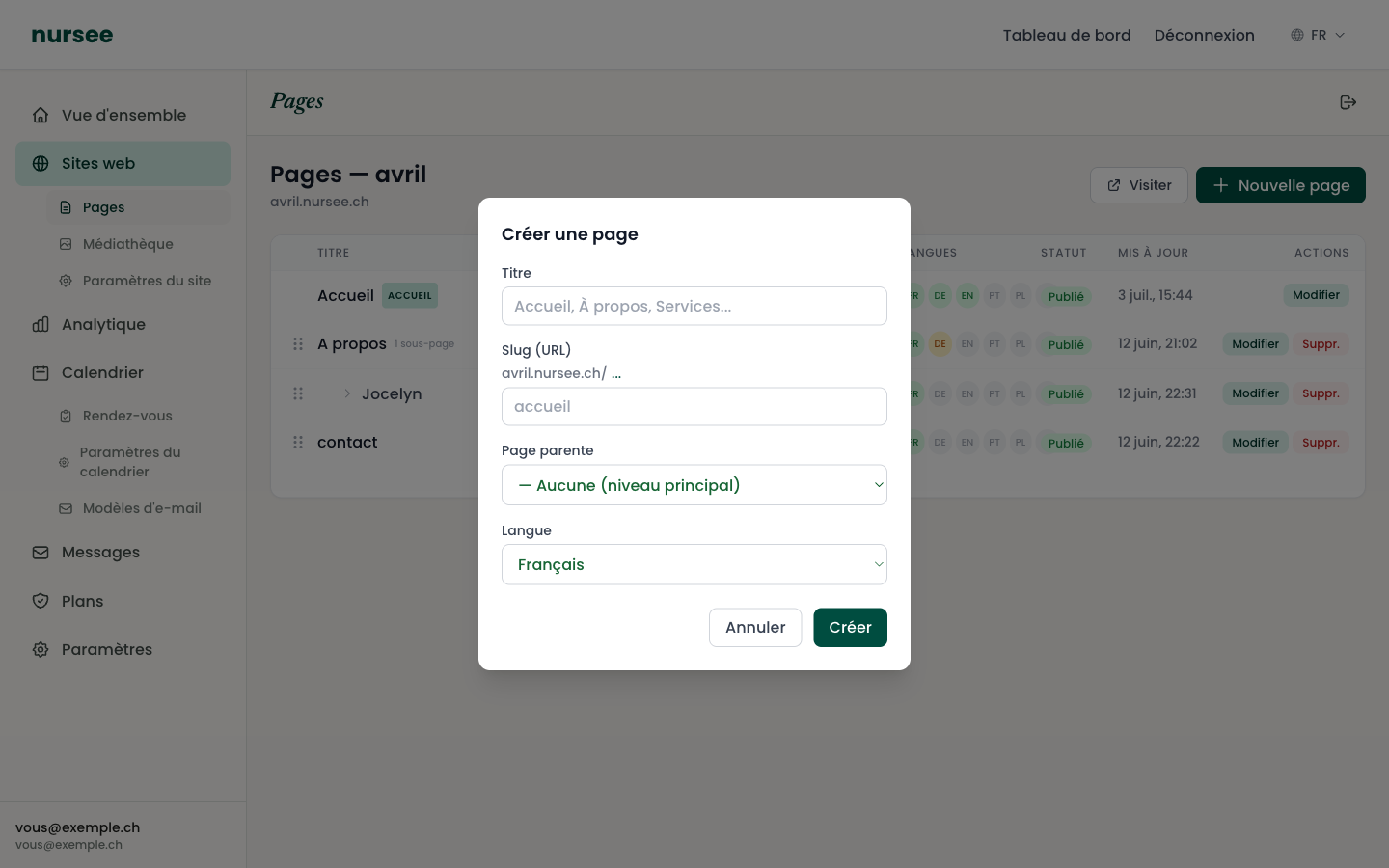 La fenêtre « Créer une page »