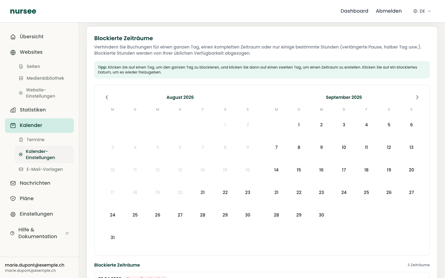 Der Kalender der blockierten Zeiträume, mit der Liste darunter