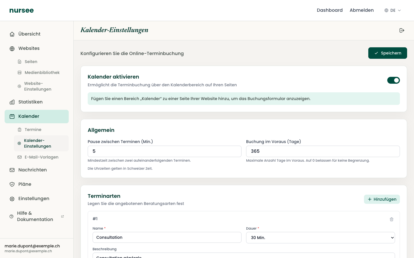 Der Aktivierungsschalter und die allgemeinen Einstellungen darunter