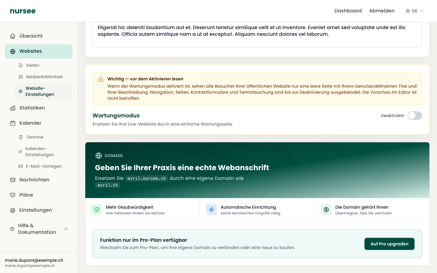 Der Abschnitt Wartungsmodus mit seiner Warnung