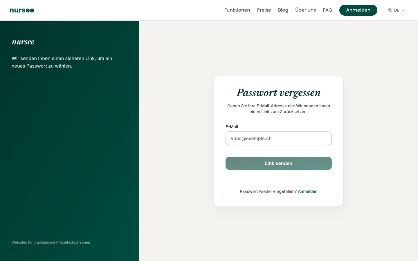 Die Seite « Passwort vergessen »: Adresse angeben, wir senden einen Link
