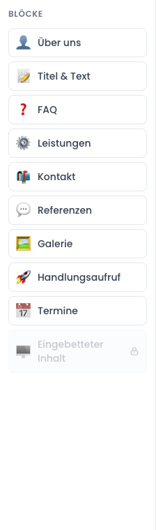Der Block « Eingebetteter Inhalt » ist ausgegraut mit einem Schloss, wenn Ihr Plan ihn nicht enthält