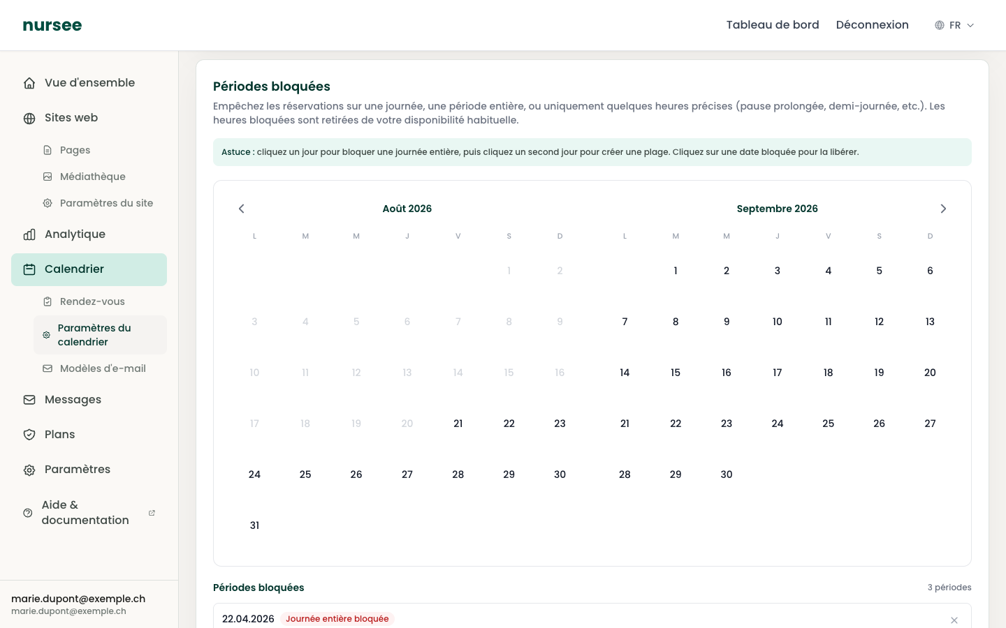 The blocked periods calendar, with the list below