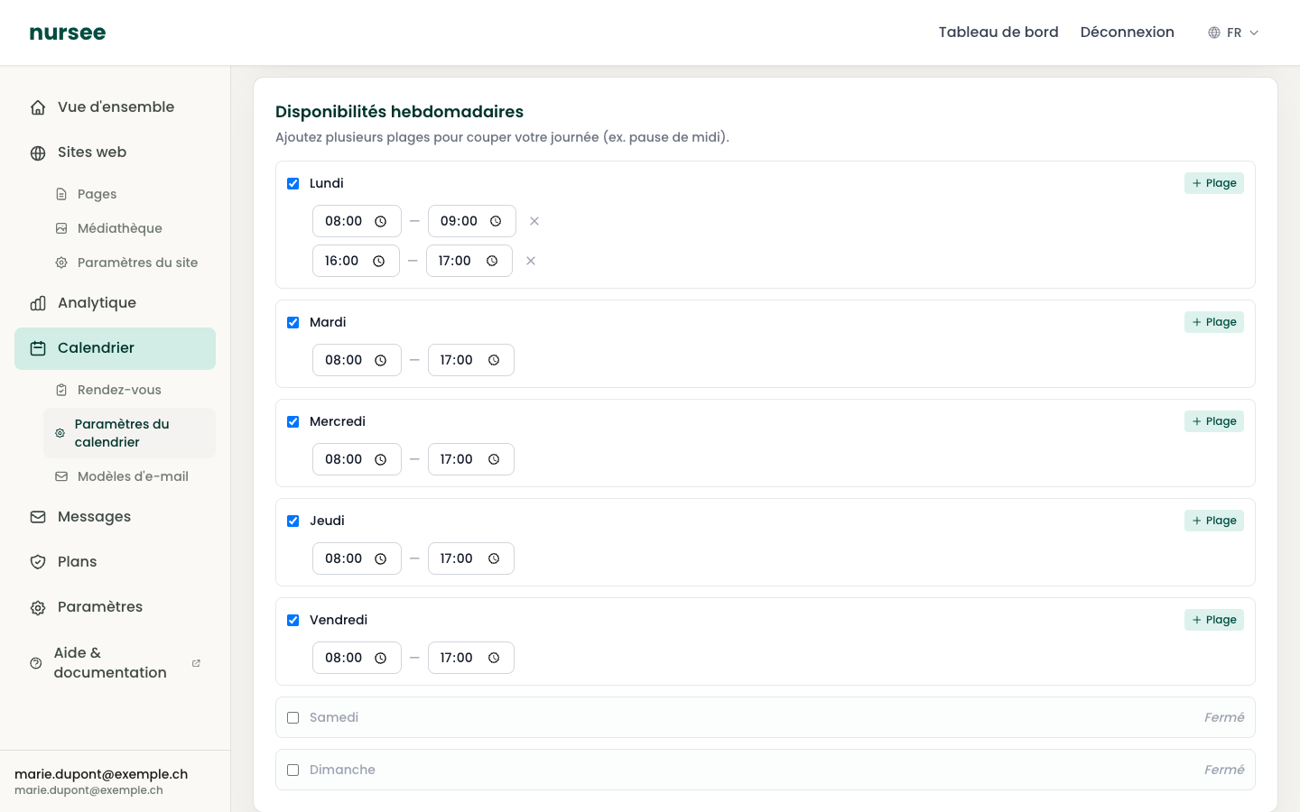 The Weekly availability section: one box per day of the week