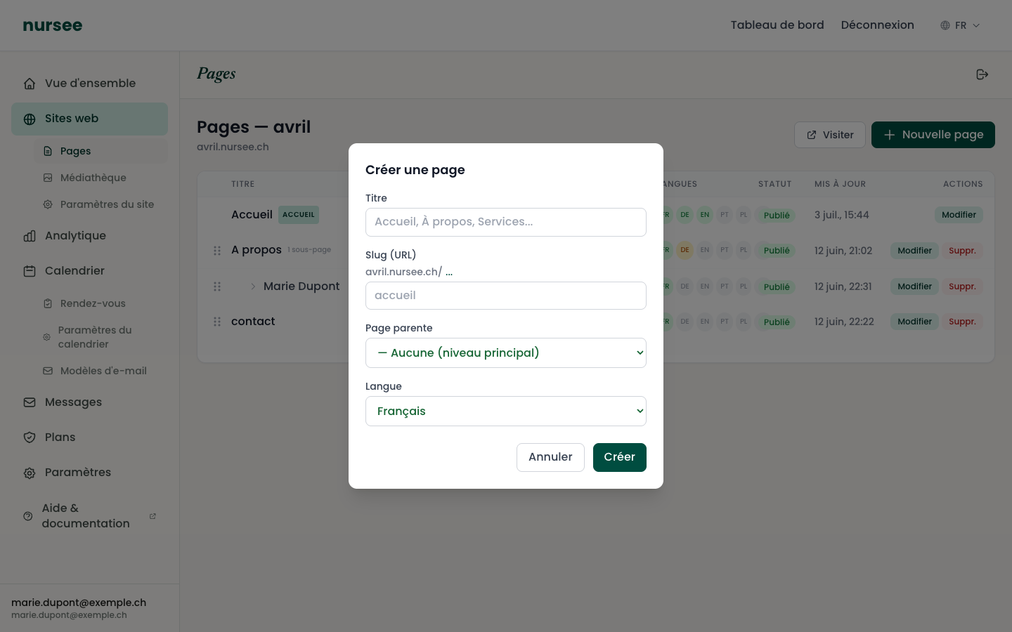 The « Create a page » window