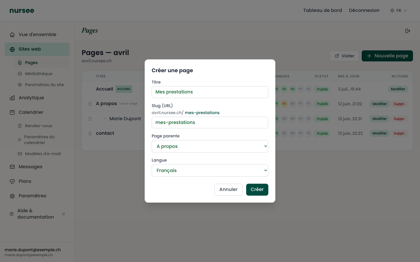 Choose the parent page in the drop-down list