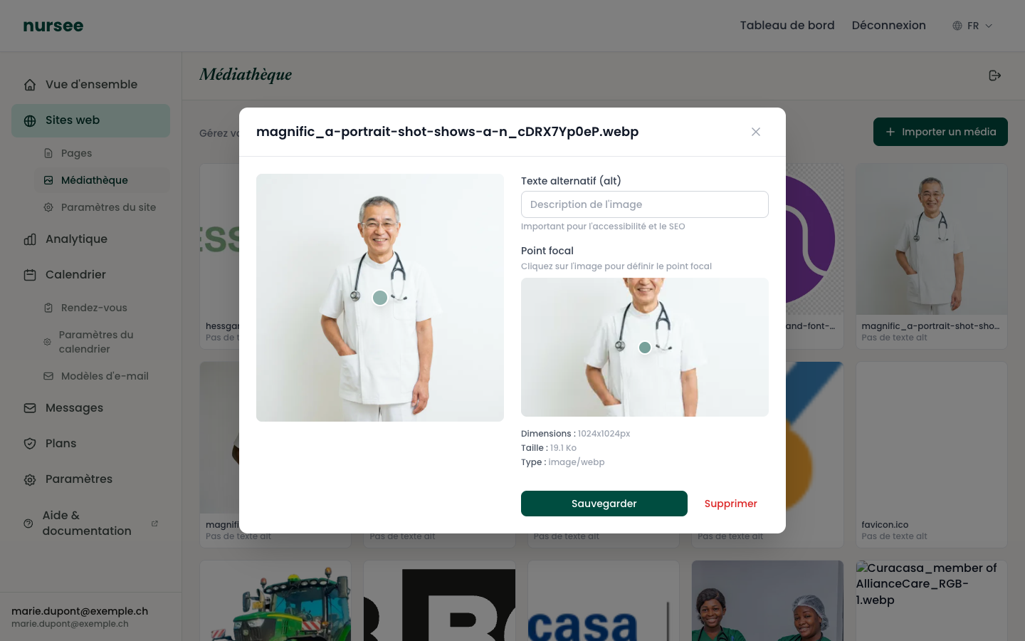 An image's card: alt text on the right, focal point below