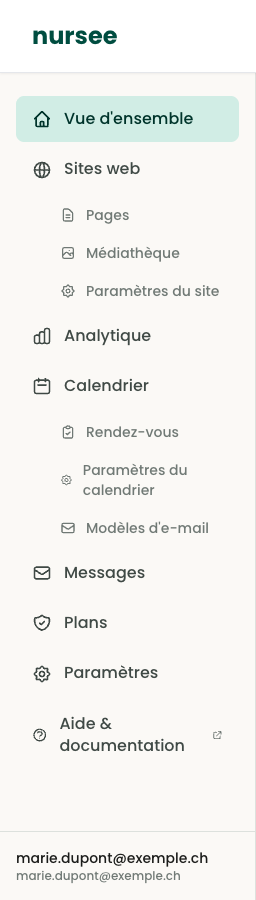 The left-hand menu: every section of your area