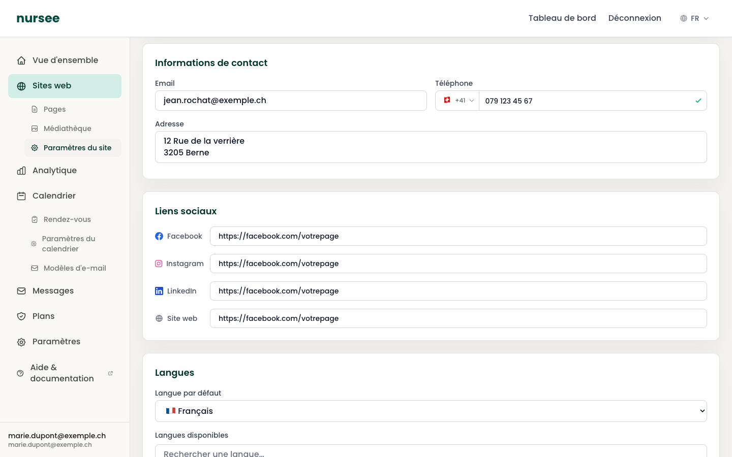 The Contact information and Social links sections