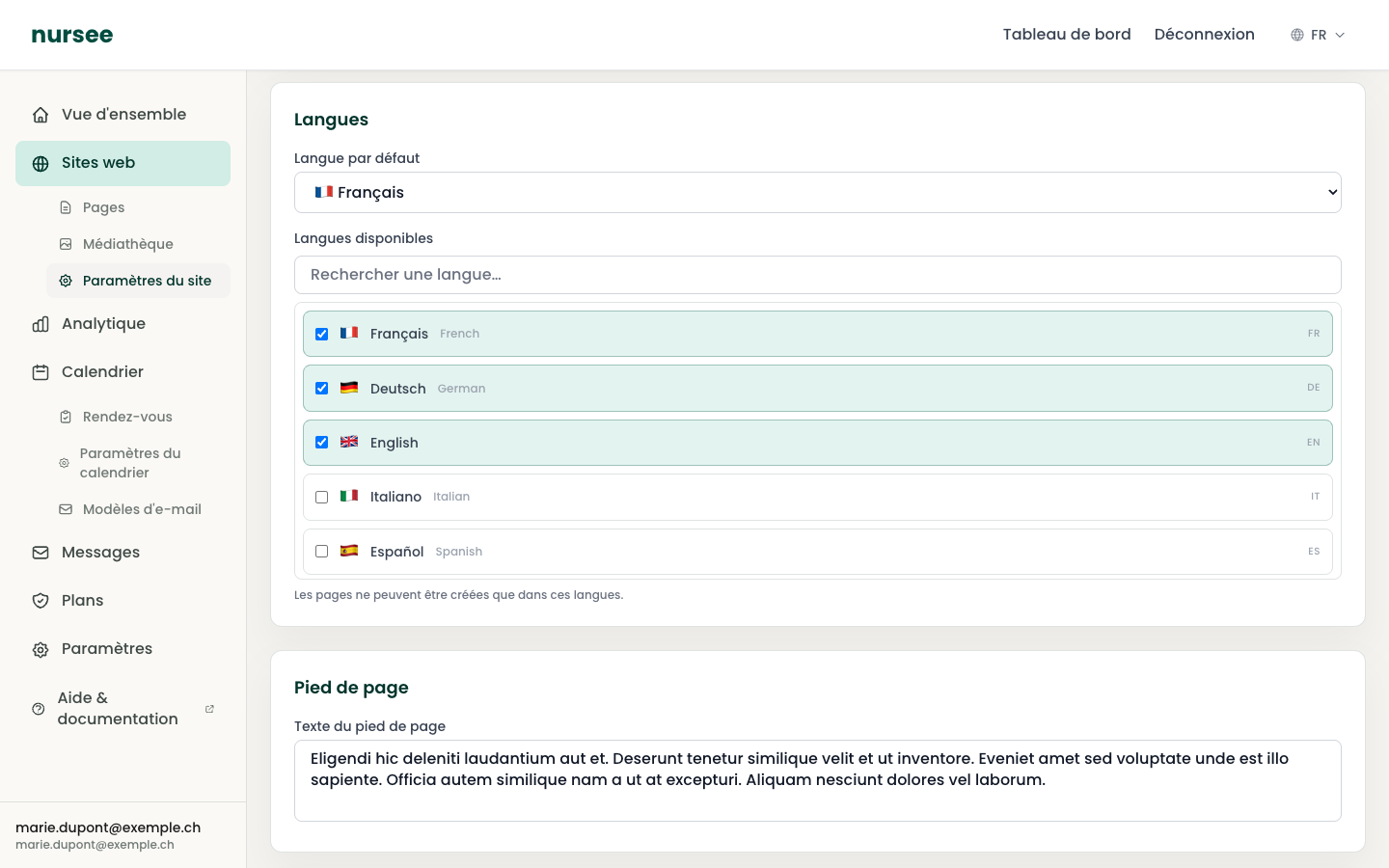The Languages section: the default language and the ticked languages