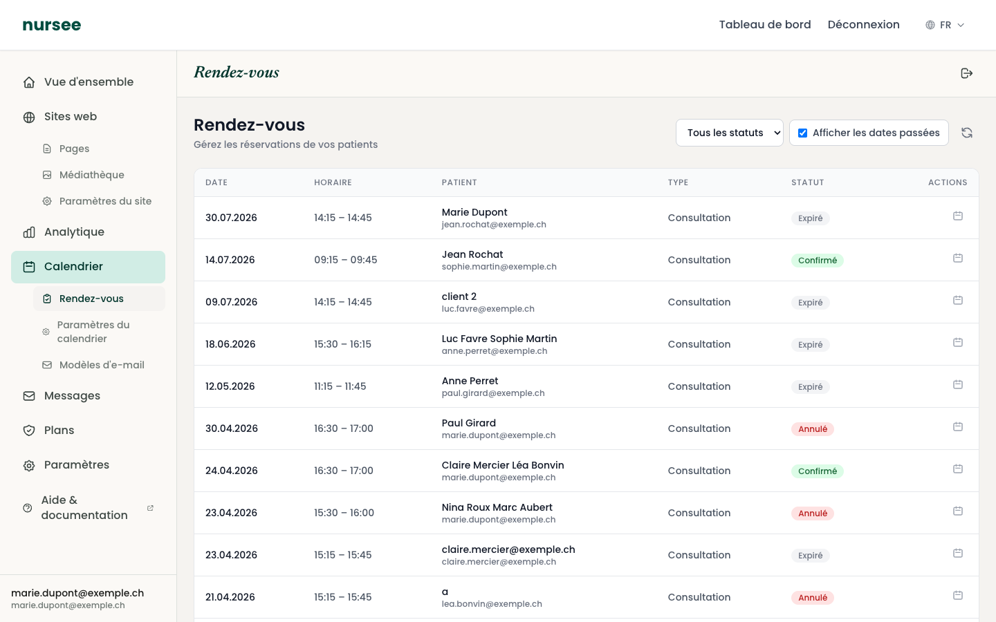 The list of bookings, with their status