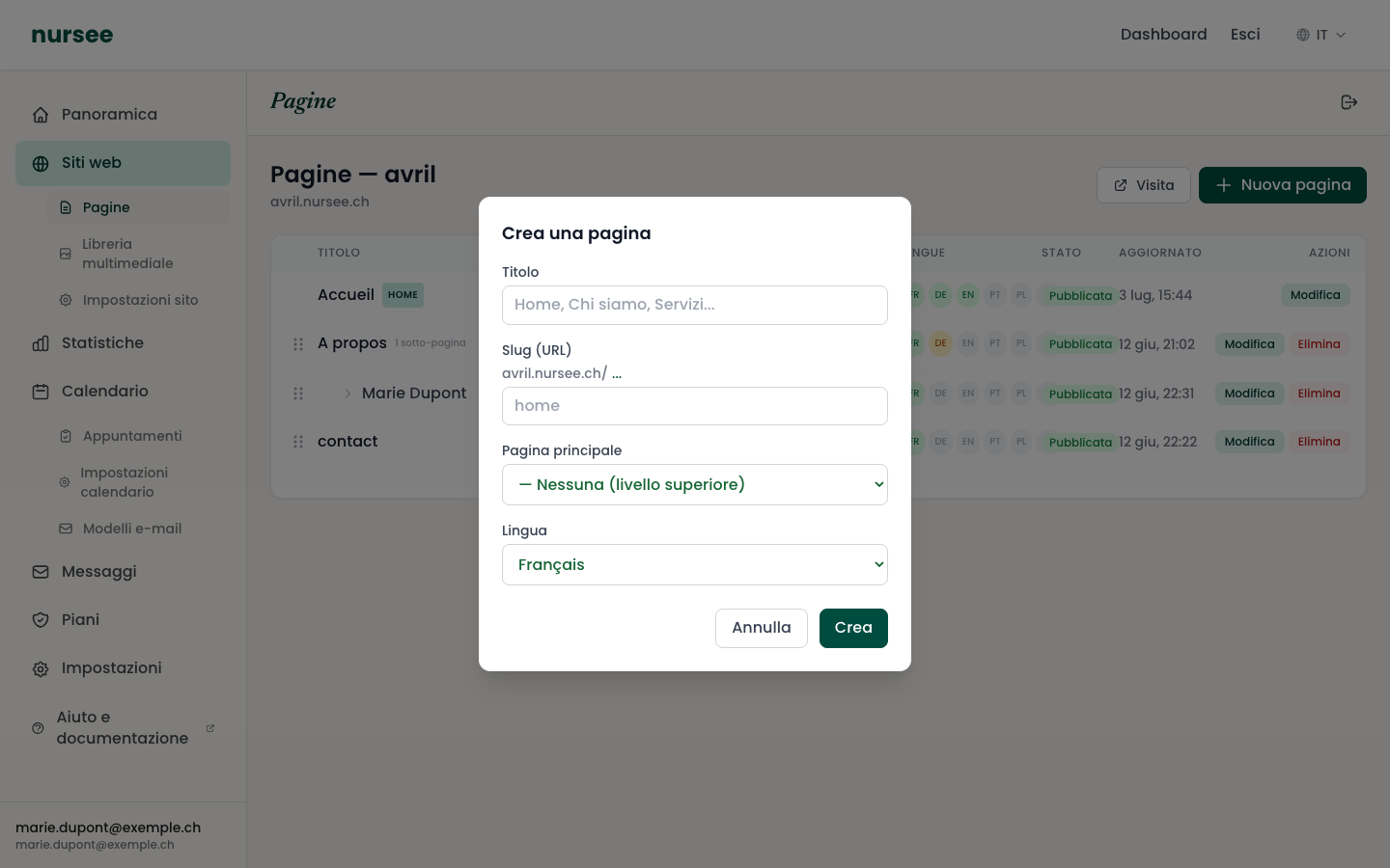 La finestra « Crea una pagina »