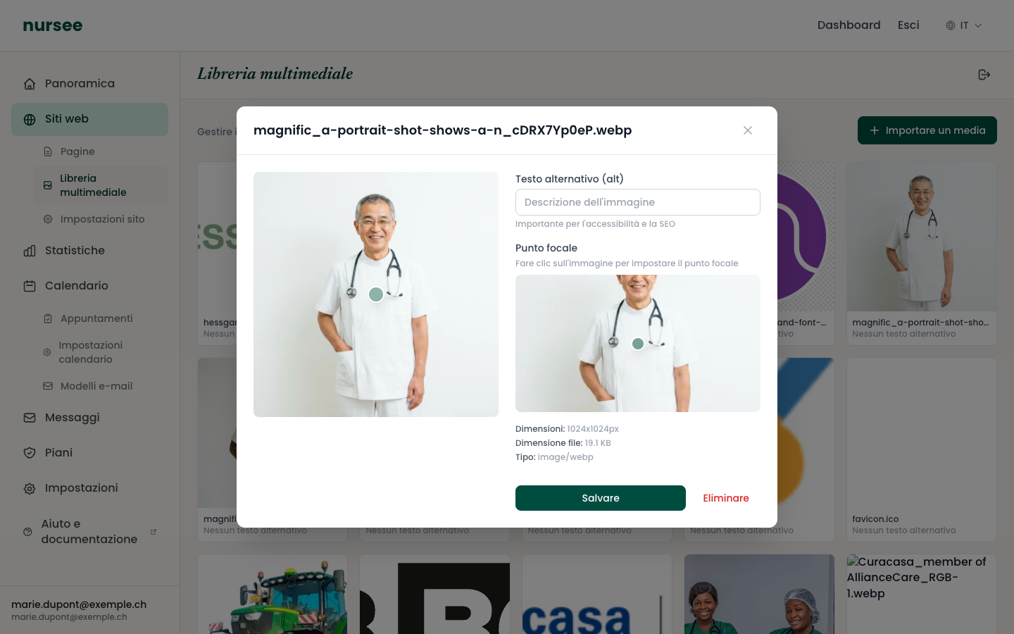 La scheda di un'immagine: testo alternativo a destra, punto focale sotto
