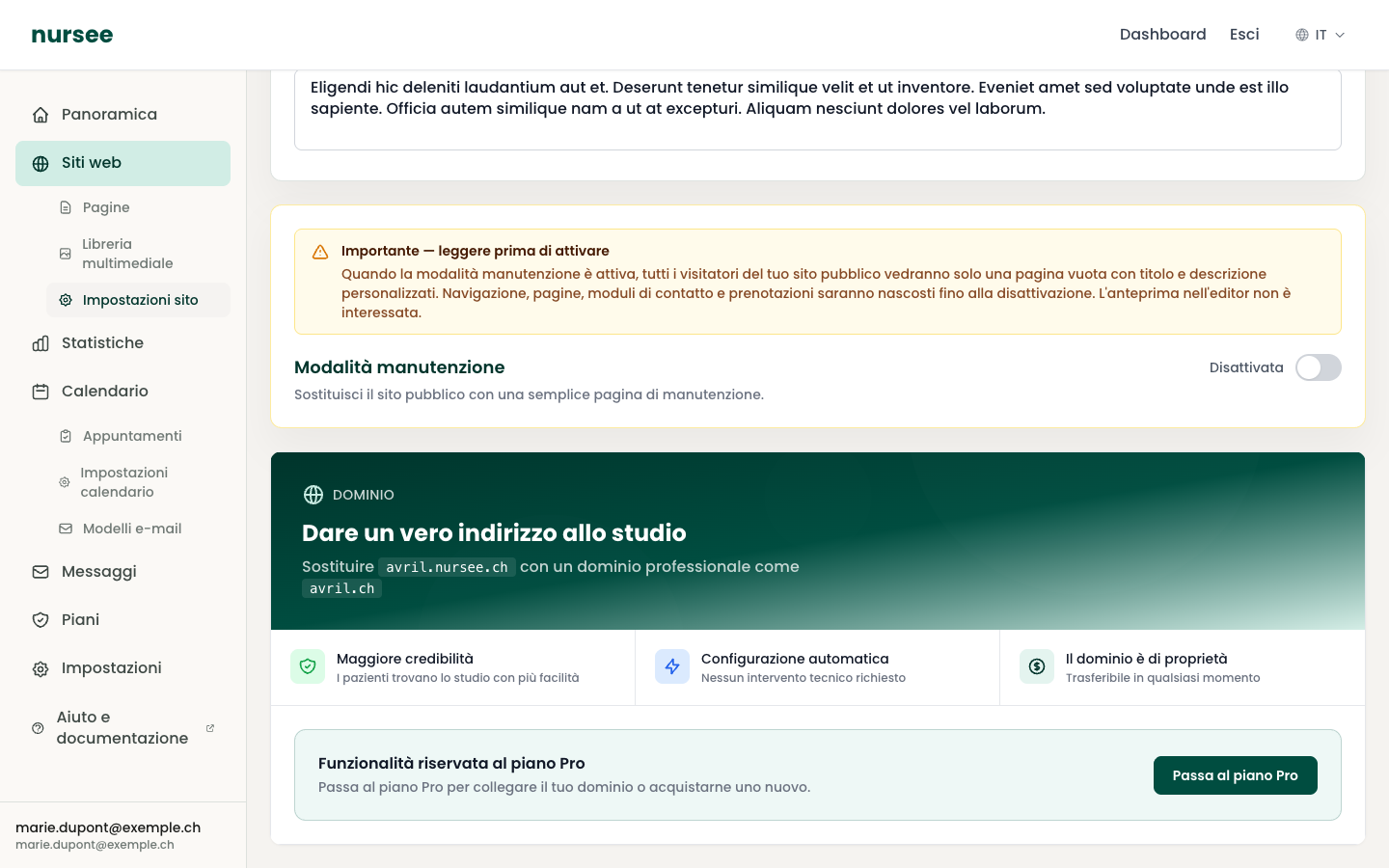 La sezione Dominio, in fondo alle impostazioni sito