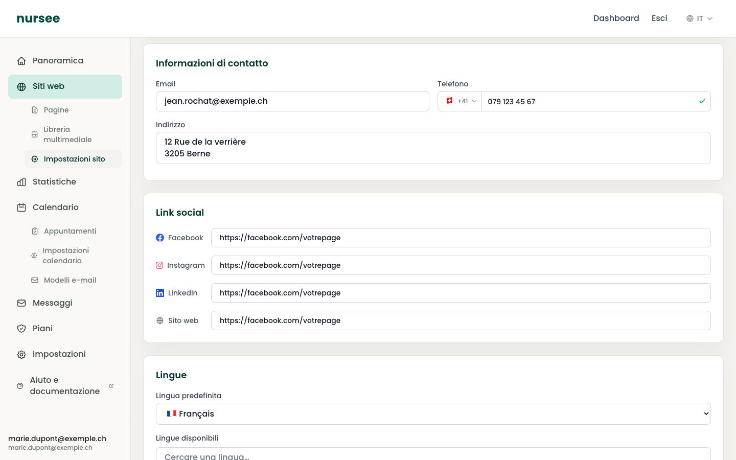 Le sezioni Informazioni di contatto e Link social
