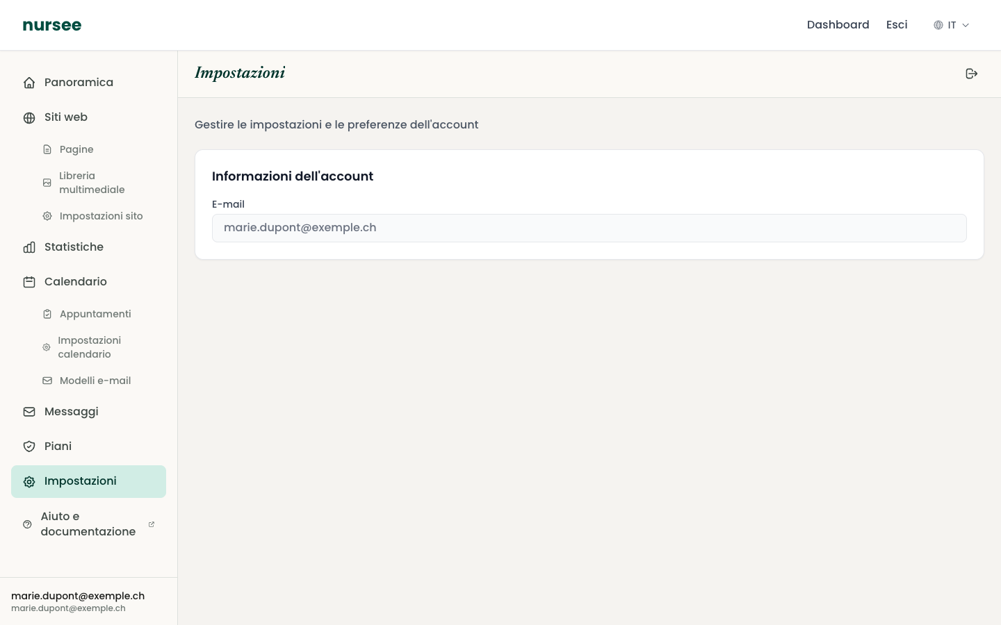 La pagina Impostazioni dell'account