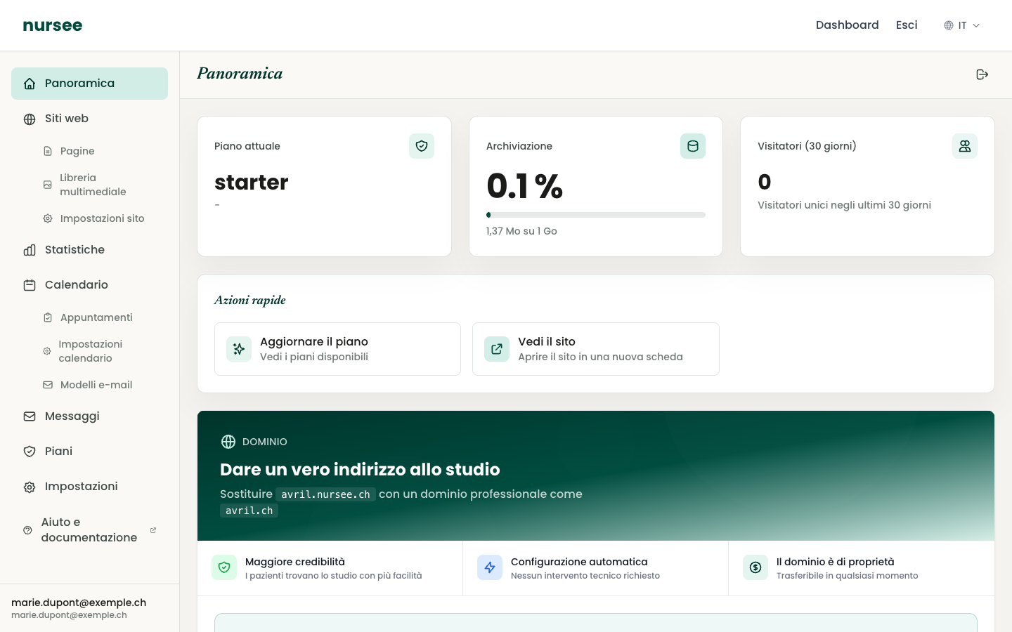 La tua area personale: il menu di sinistra porta a tutte le sezioni