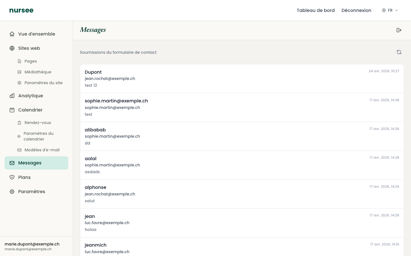 La liste des messages reçus