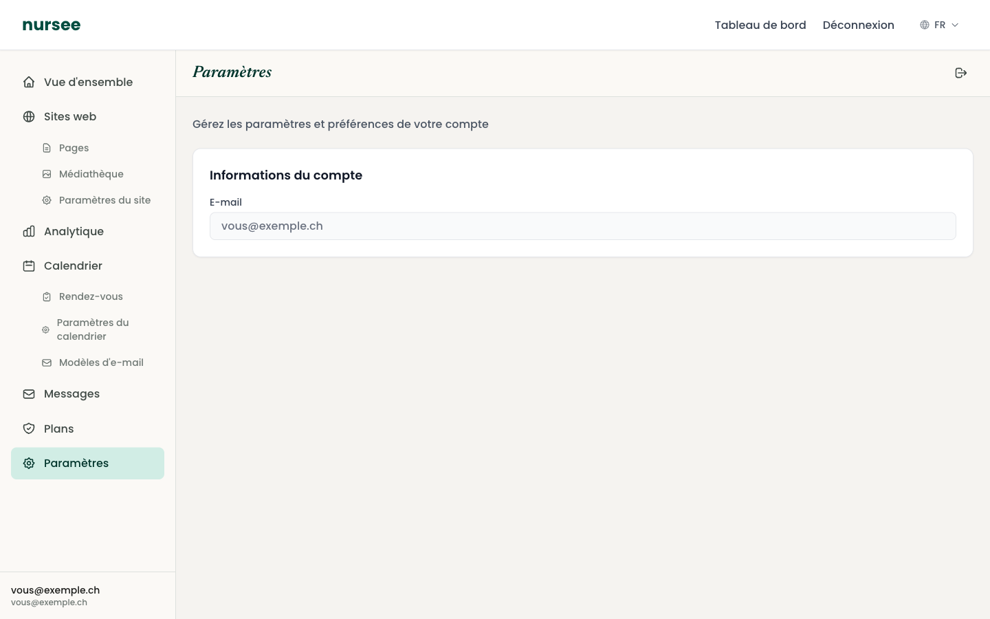La page Paramètres du compte
