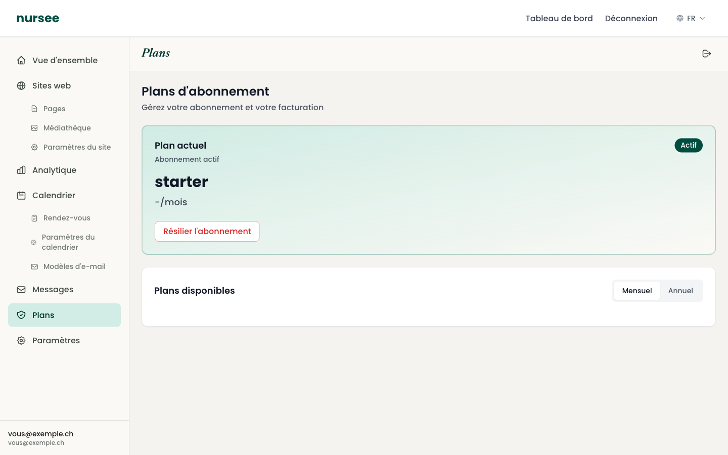 La page Plans : votre formule actuelle et les formules disponibles