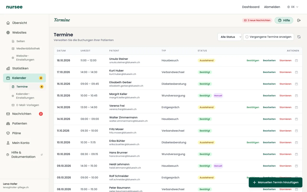 Screenshot des nursee-Dashboards: Termine