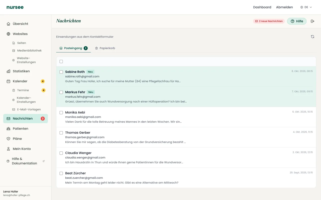 Screenshot des nursee-Dashboards: Nachrichten
