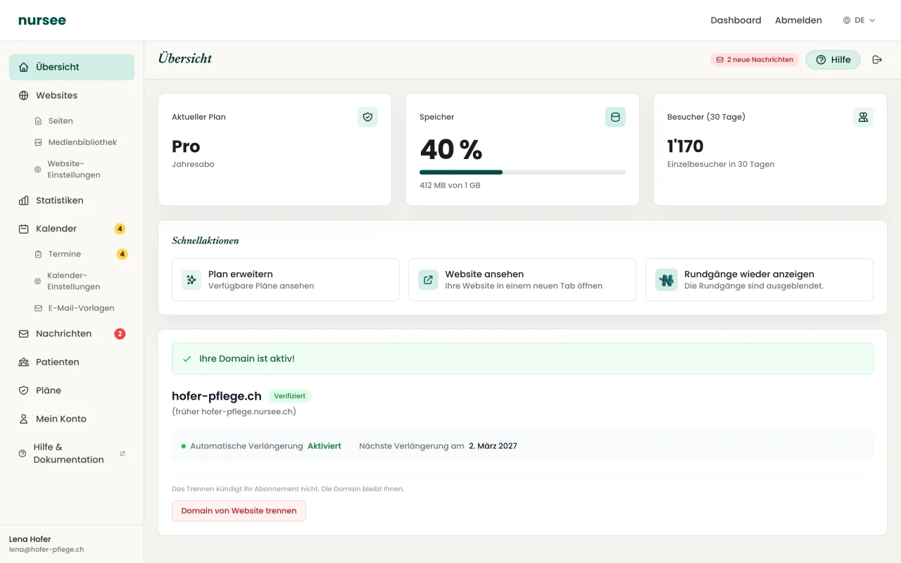 Screenshot des nursee-Dashboards: Übersicht