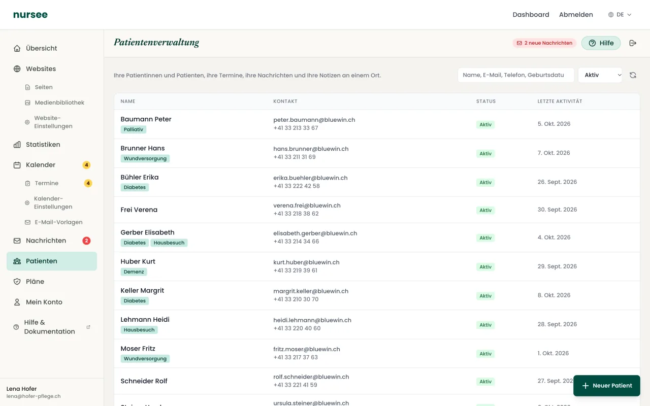 Screenshot des nursee-Dashboards: Patientenkartei